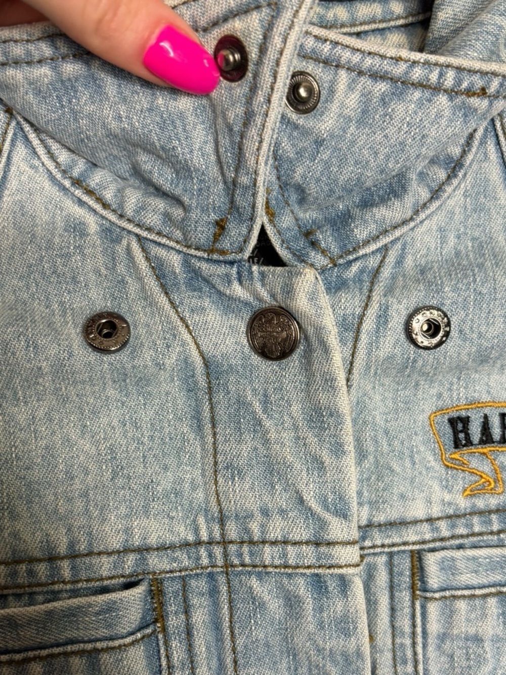 VTG Harley-Davidson Embroidered Denim Jacket Leather Fringe Button Front Small - Picture 6 of 11